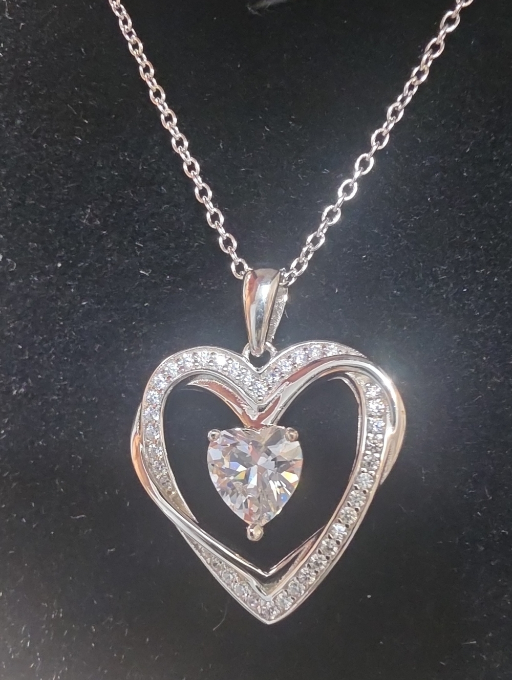 S925 Silver Heart Pendant Necklace with Clear Heart-Cut Stone